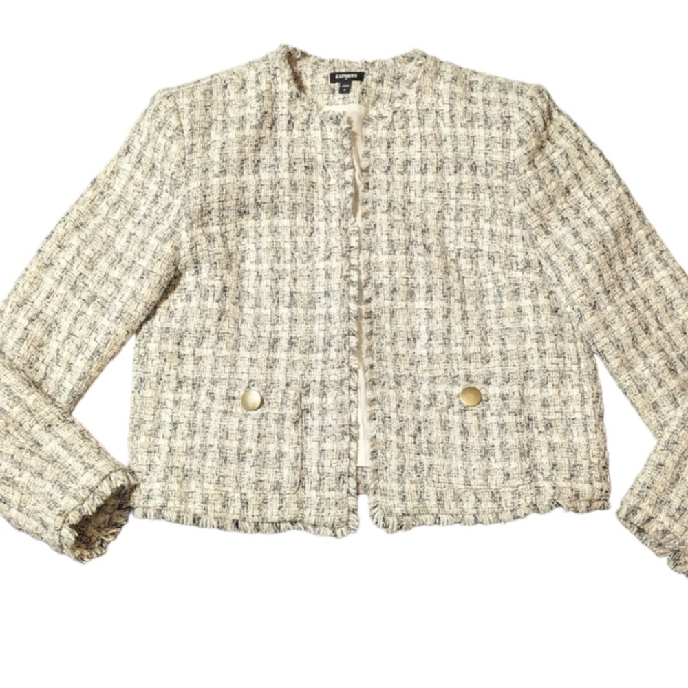 Express Cream and Black Blazer with Textured Bouclé Design!